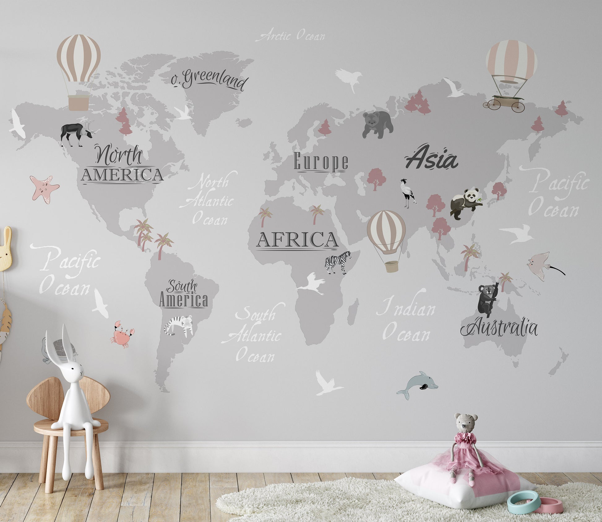 Continental and Ocean Names Animals World Map Wallpaper Self Adhesive Peel and Stick Wall Sticker Wall Decoration  Removable
