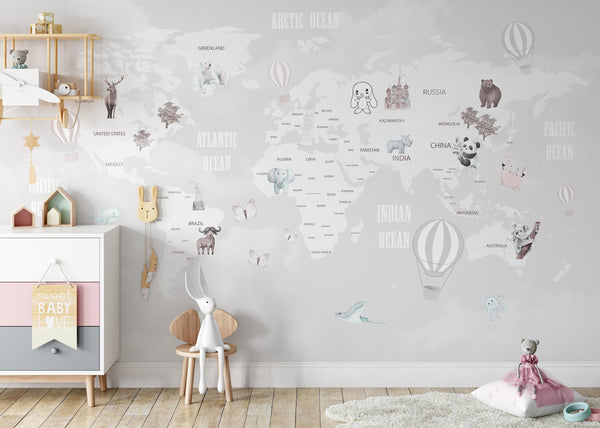 Ocean and Country Names Air Balloons Baby Animals World Map Wallpaper Self Adhesive Peel and Stick Wall Sticker Wall Decoration Removable