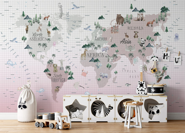 Wild Baby Animals Pink and White Oceans World Map Wallpaper Self Adhesive Peel and Stick Wall Sticker Wall Decoration Removable