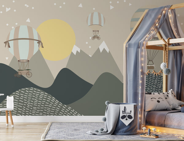 Snowy Row Mountains Hot Air Balloons Sun Wallpaper Self Adhesive Peel and Stick Wall Sticker Wall Decoration Scandinavian Design Removable