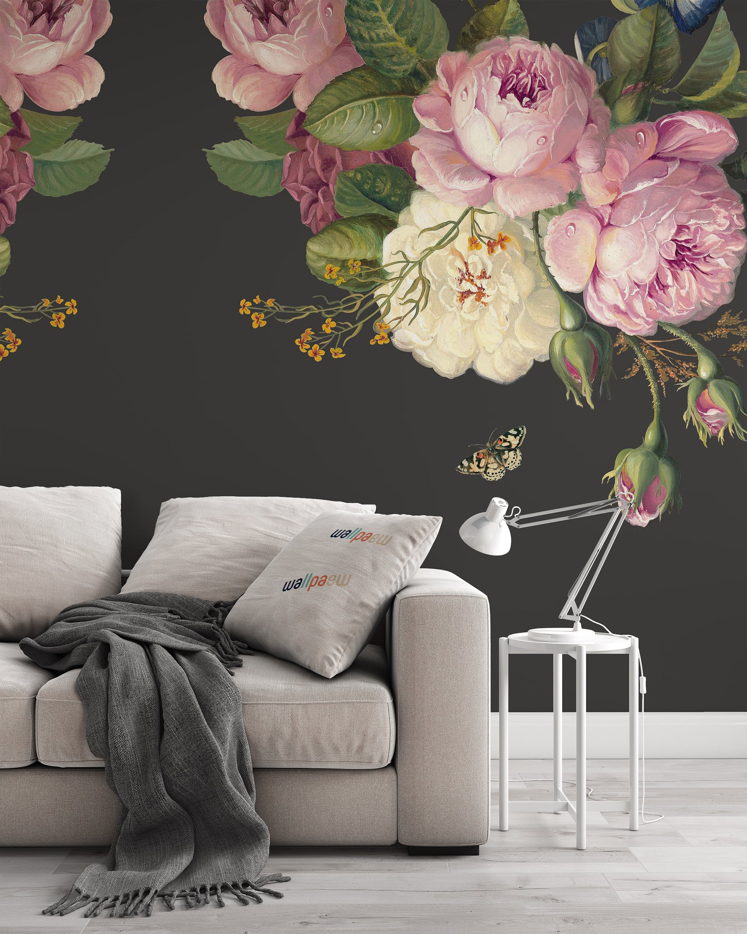 Colorful Roses and Flowers Leaves On The Dark Background Wallpaper Self Adhesive Peel and Stick Wall Sticker Wall Decoration Removable
