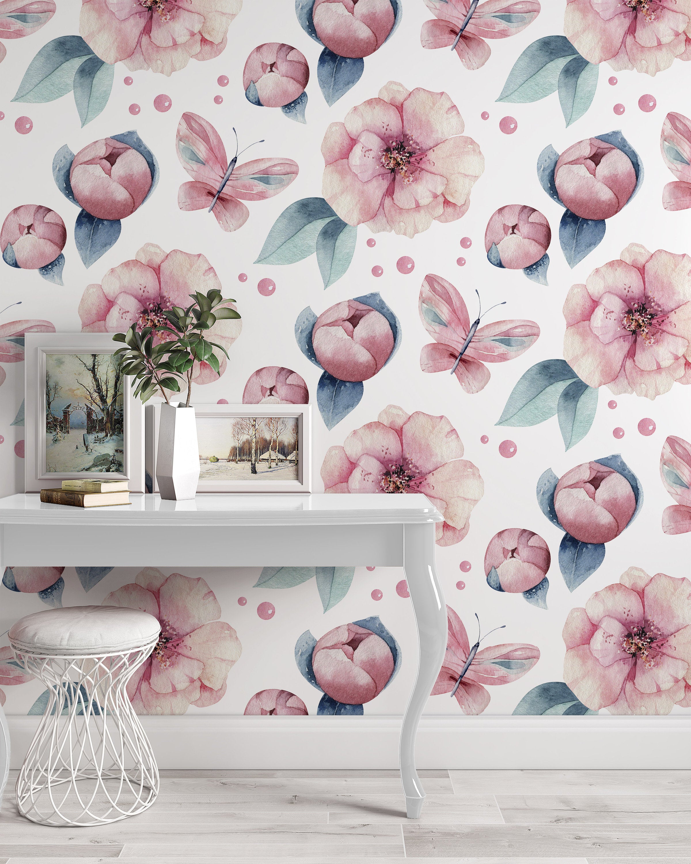 Watercolor Pinkish Flowers Leaves Pink Butterfly Wallpaper Self Adhesive Peel and Stick Home House Wall Decoration Removable