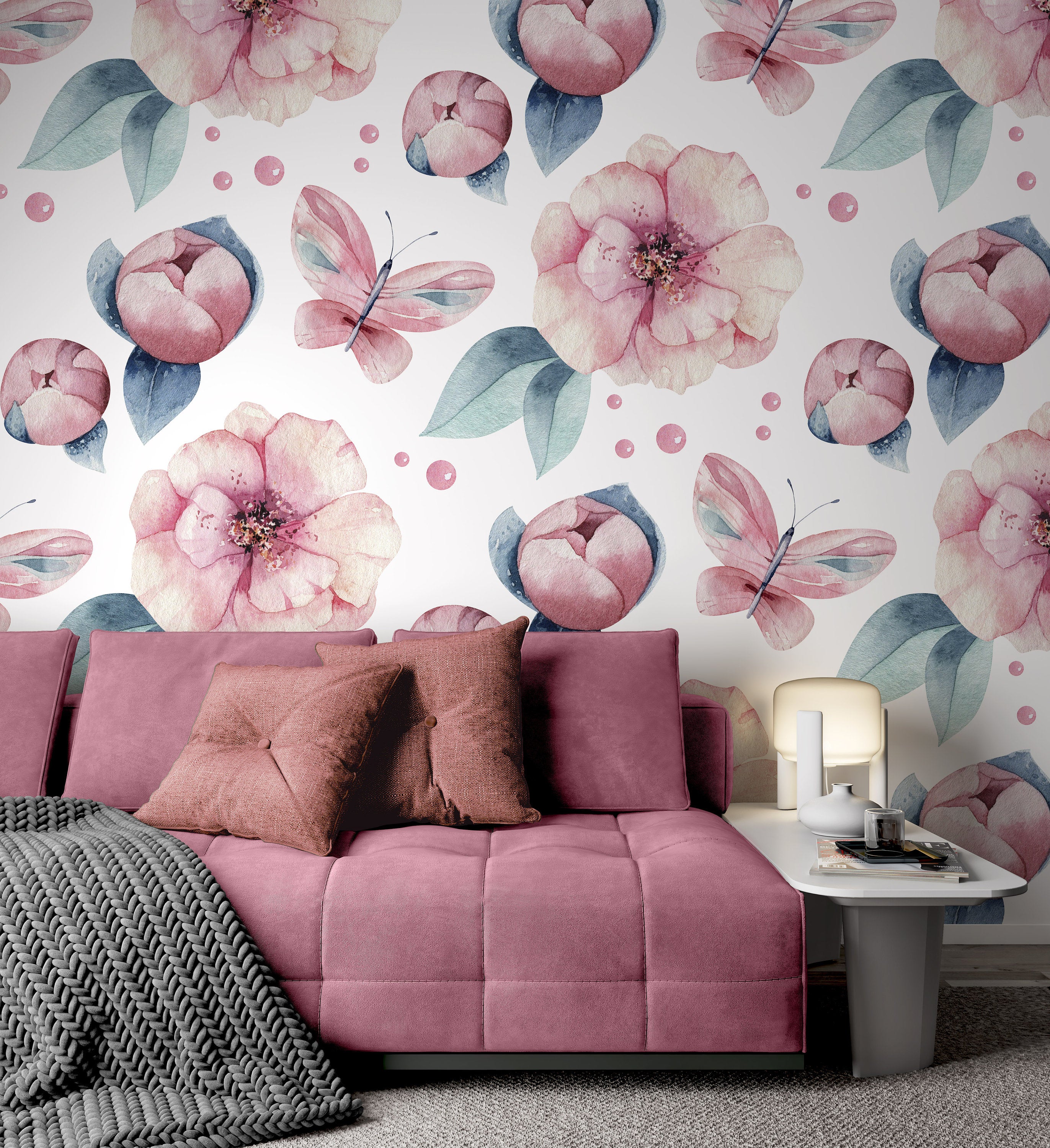 Watercolor Pinkish Flowers Leaves Pink Butterfly Wallpaper Self Adhesive Peel and Stick Home House Wall Decoration Removable