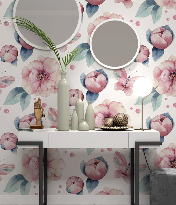Watercolor Pinkish Flowers Leaves Pink Butterfly Wallpaper Self Adhesive Peel and Stick Home House Wall Decoration Removable
