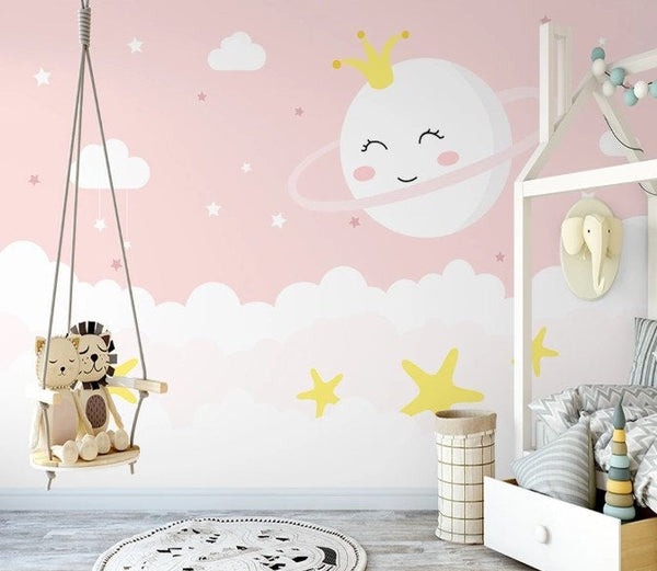 Smiling Full Moon Clouds Stars On The Pink Background Wallpaper Bedroom Children Kids Room Mural Home Decor Wall Art Removable
