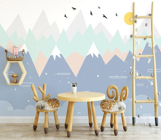 Colorful Triangle Snowy Mountains Geometric Shapes Birds Sun Wallpaper Bedroom Children Kids Room Mural Home Decor Wall Art Removable