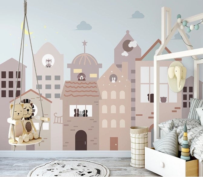 Houses Blue Sky Clouds Crescent Moon Midnight Wallpaper Bedroom Children Kids Room Mural Home Decor Wall Art Removable