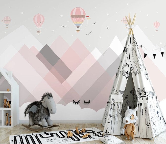 Colorful Triangle Mountains Geometric Shapes Hot Air Balloons Birds Wallpaper Bedroom Children Kids Room Mural Home Decor Wall Art Removable