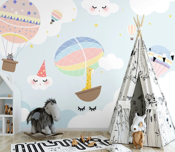 Hot Air Balloons Baby Giraffe Sleeping Clouds Lightblue Sky  Wallpaper Bedroom Children Kids Room Mural Home Decor Wall Art Removable