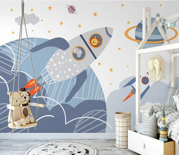 Baby Lion and Zebra Rockets Neptune Planets Stars Wallpaper Animal Animals Bedroom Children Kids Room Mural Home Decor Wall Art Removable