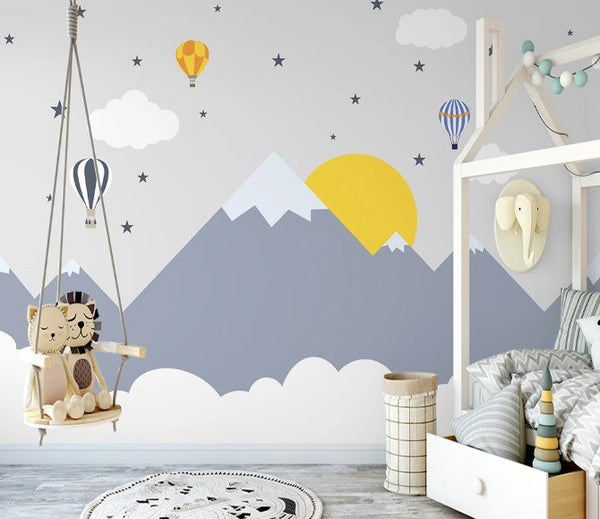 Sunset Hot Air Balloons Snowy Mountain Clouds Stars Wallpaper Bedroom Children Kids Room Mural Home Decor Wall Art Removable