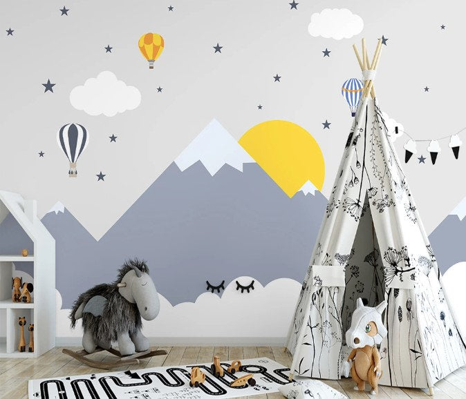 Sunset Hot Air Balloons Snowy Mountain Clouds Stars Wallpaper Bedroom Children Kids Room Mural Home Decor Wall Art Removable
