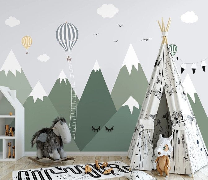 Snowy Green Mountains Hot Air Balloons Clouds Birds Wallpaper Animal Animals Bedroom Children Kids Room Mural Home Decor Wall Art Removable