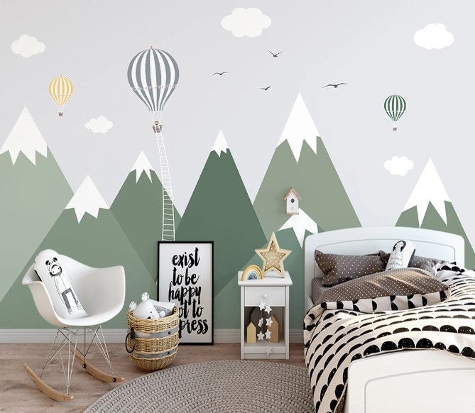 Snowy Green Mountains Hot Air Balloons Clouds Birds Wallpaper Animal Animals Bedroom Children Kids Room Mural Home Decor Wall Art Removable