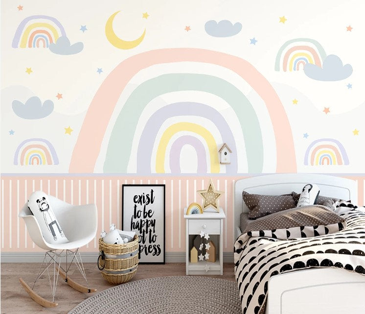 Soft Rainbow Stars Crescent Moon Sun Cloud Wallpaper Self Adhesive Peel and Stick Wall Decoration Scandinavian Design Removable