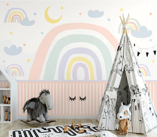 Soft Rainbow Stars Crescent Moon Sun Cloud Wallpaper Self Adhesive Peel and Stick Wall Decoration Scandinavian Design Removable