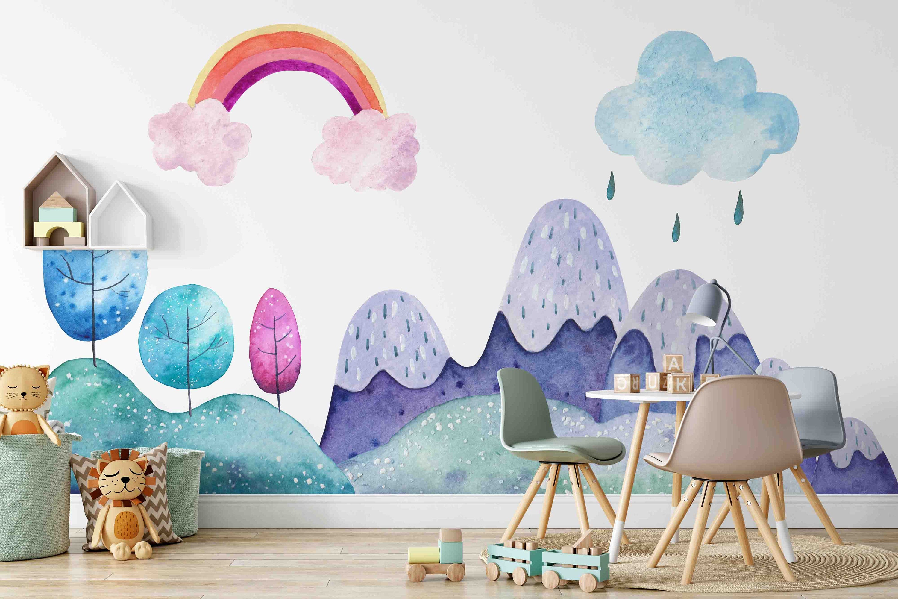 Landscape Mountains Water Grass Clouds goes Rainbow Trees Wallpaper Self Adhesive Peel and Stick Wall Decoration Removable
