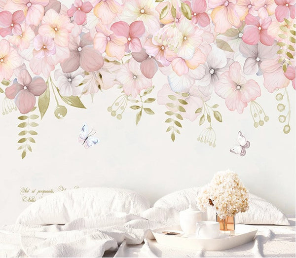 Butterflies Pink Colorful Garden Flowers Leaves Luxury Floral Wallpaper Self Adhesive Peel and Stick Wall Sticker Wall Decoration Removable