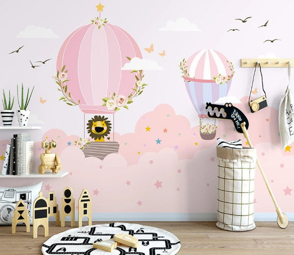 Pink Clouds Hot Air Balloons Stars Birds Clouds Pinkish Sky Wallpaper Self Adhesive Peel and Stick Wall Sticker Wall Decoration Removable