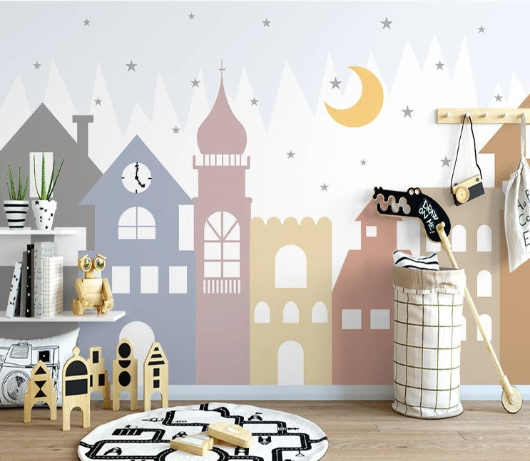 Crescent Moon Stars Clouds Colorful Homes Wallpaper Self Adhesive Peel and Stick Wall Sticker Wall Decoration Scandinavian Design Removable