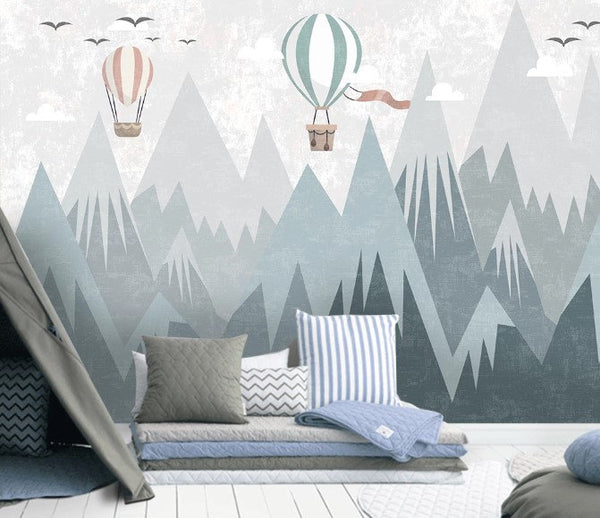 Triangle Snowy Mountains Hot Air Balloons Birds Nature Landspace Wallpaper Bedroom Children Kids Room Mural Home Decor Wall Art Removable