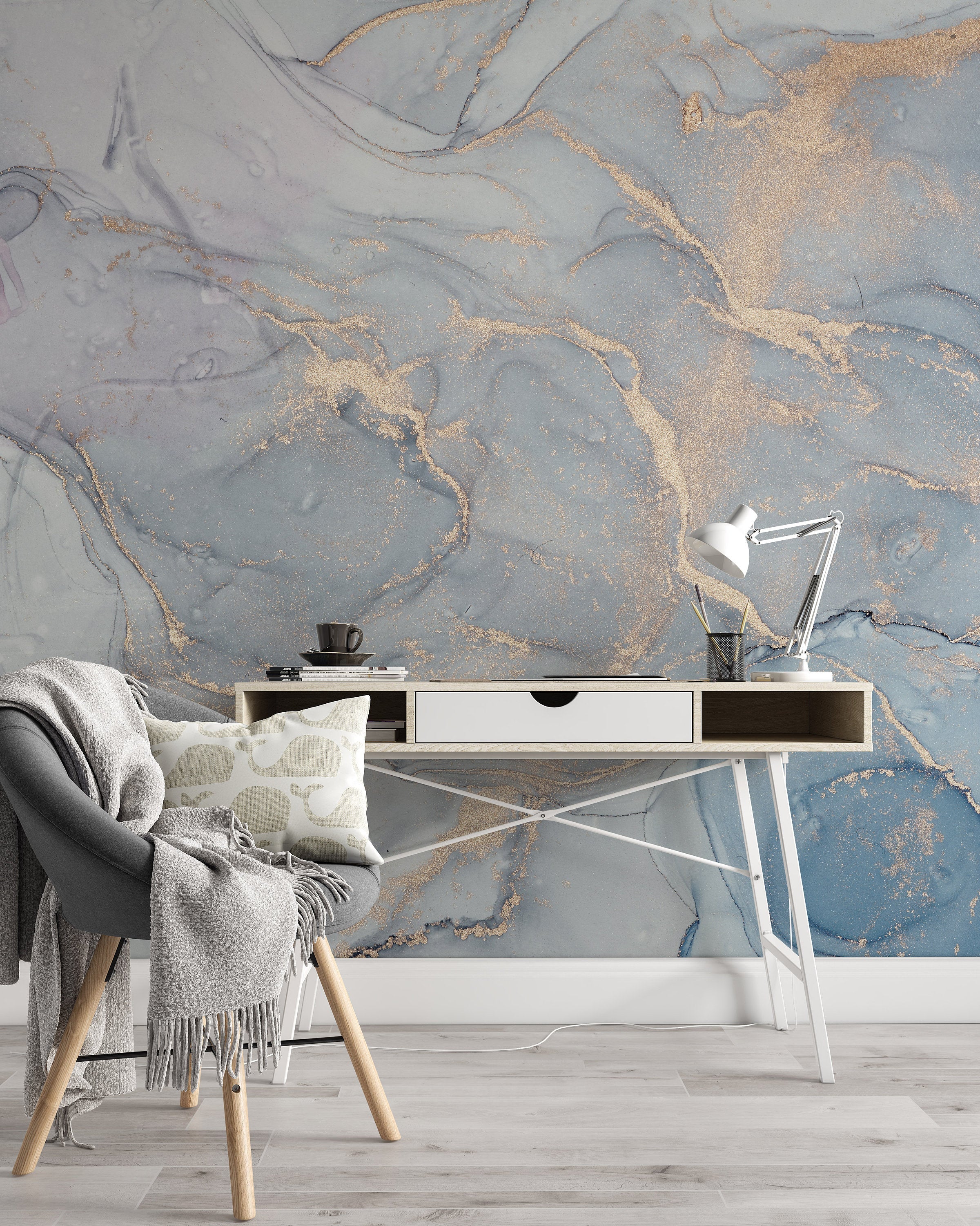 Marble Texture Abstract Blue Gold Acrylic Paints Wallpaper Cafe Restaurant Decoration Living Room Bedroom Mural Home Decor Wall Art