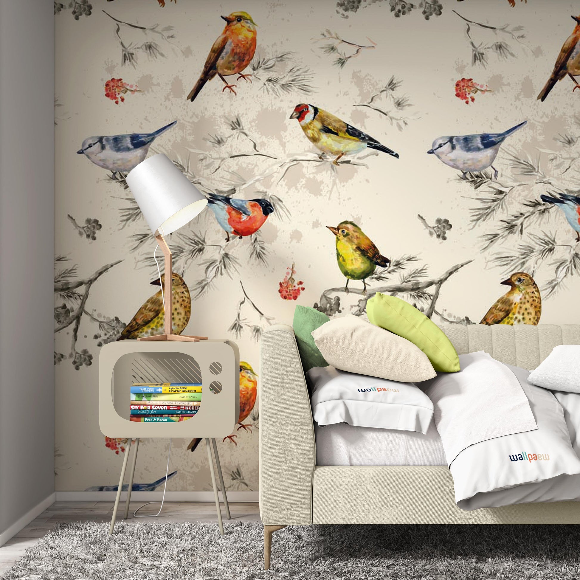 Vintage Texture Colorful Little Birds Watercolor Wallpaper Self Adhesive Peel and Stick Wall Sticker Wall Decoration Scandinavian Removable
