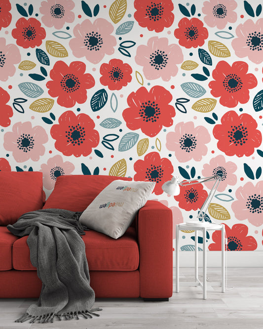 Anemone Red and Pink Flowers Leaves Background Floral Wallpaper Restaurant Living Room Bedroom Mural Home Wall Art Mural