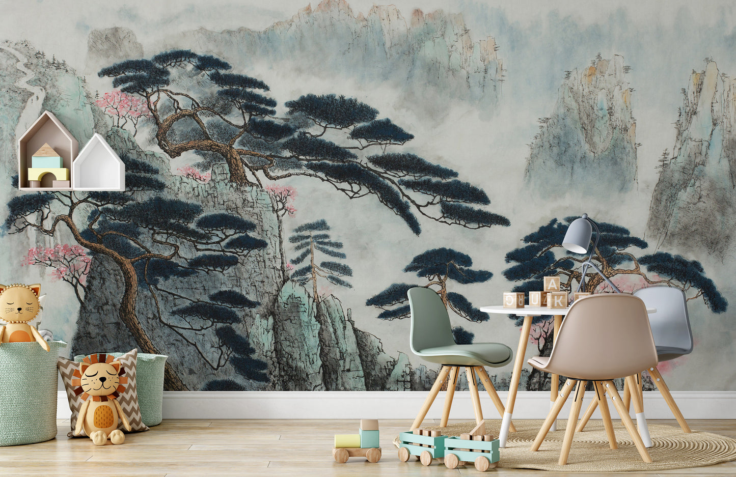 Misty Mountains of Pine and Wild Plum Wallpaper Self Adhesive Peel & Stick Wall Sticker House Design Minimalistic Scandinavian Removable