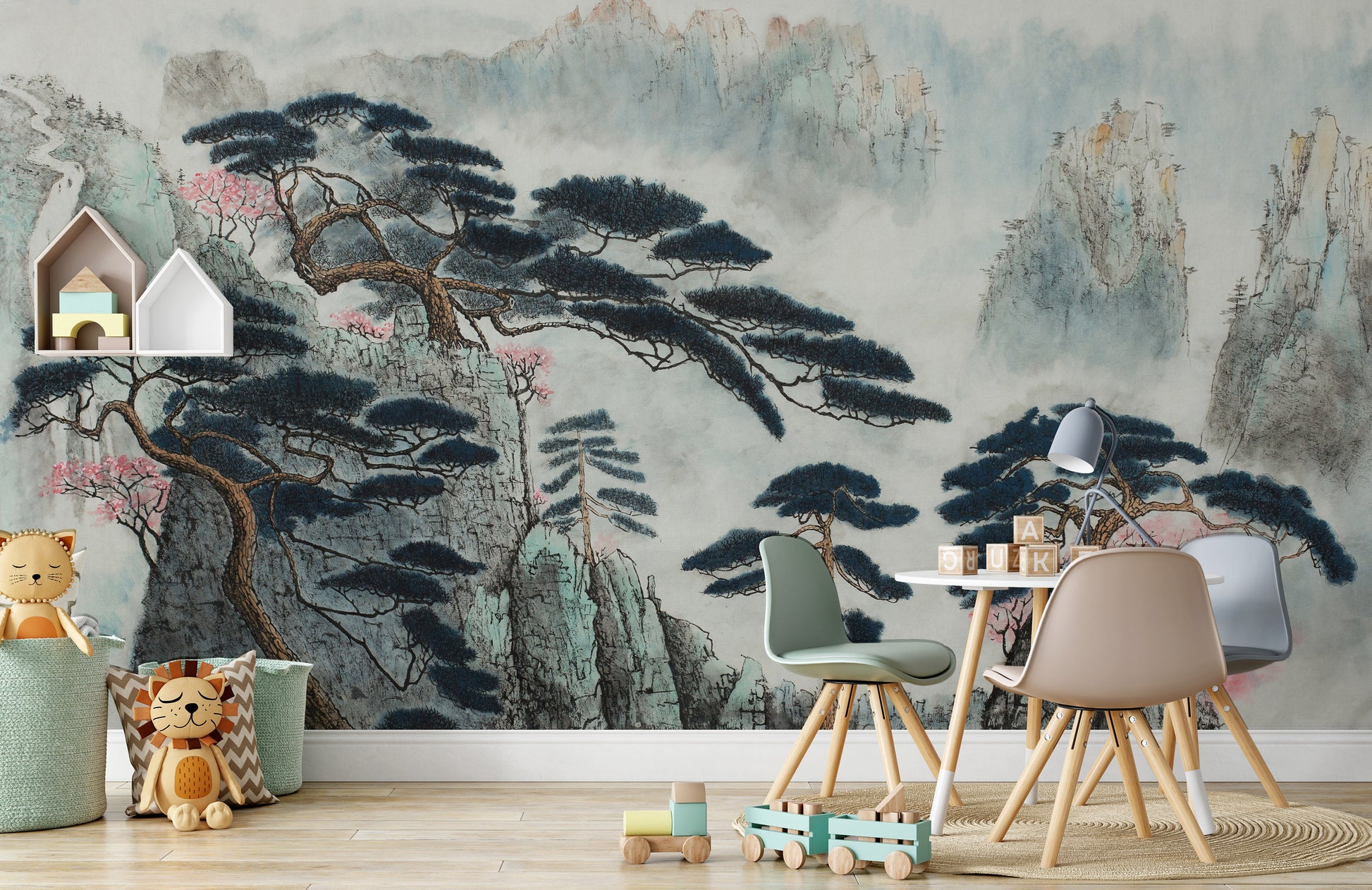 Misty Mountains of Pine and Wild Plum Wallpaper Self Adhesive Peel & Stick Wall Sticker House Design Minimalistic Scandinavian Removable