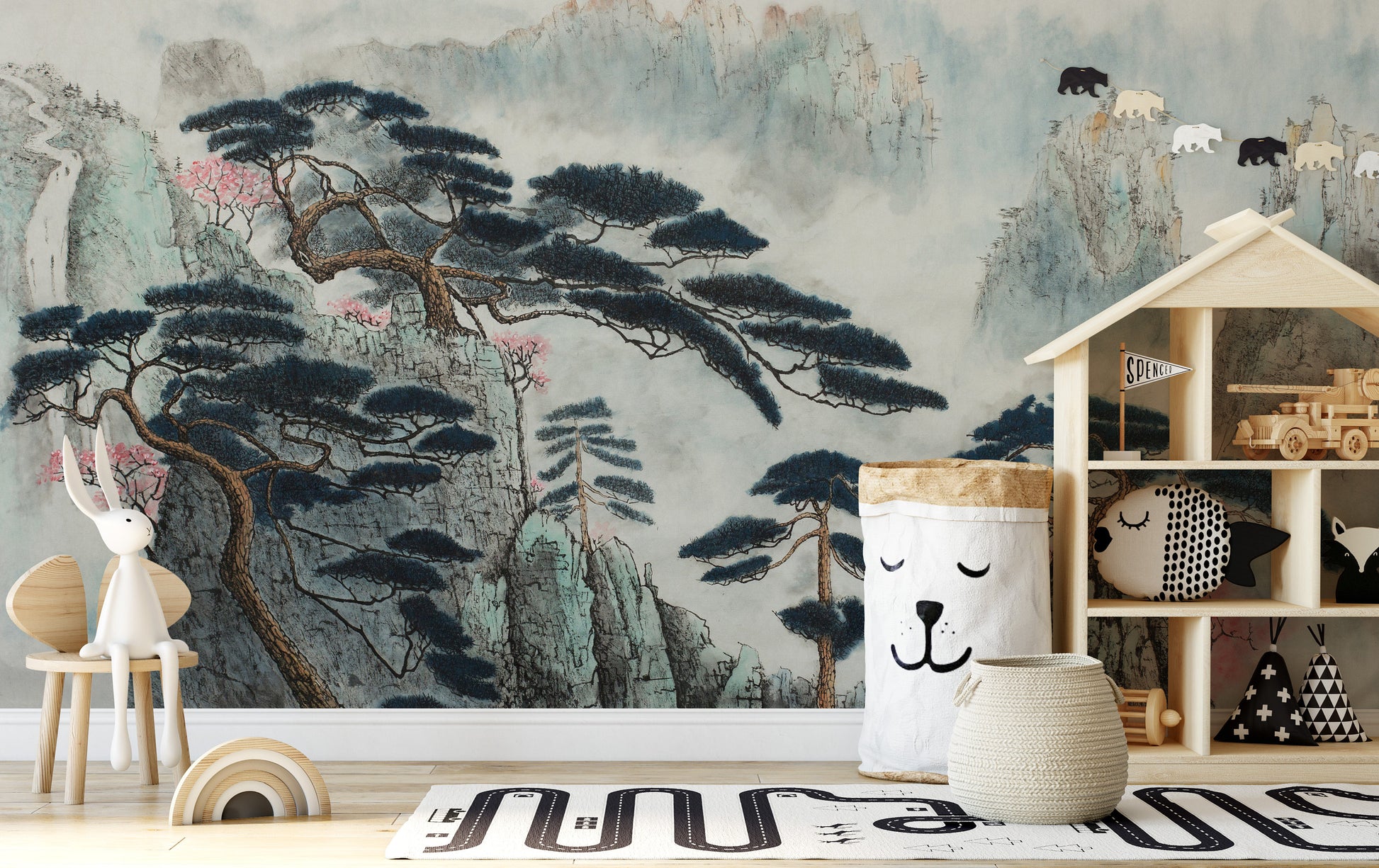 Misty Mountains of Pine and Wild Plum Wallpaper Self Adhesive Peel & Stick Wall Sticker House Design Minimalistic Scandinavian Removable