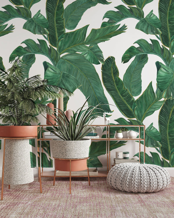 Watercolor Painting Banana Leaves Wallpaper Self Adhesive Peel and Stick Wall Sticker House Design Minimalistic Scandinavian Removable