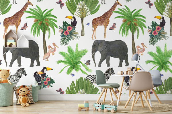 Safari Background Watercolor Painting Wild Animals Wallpaper Self Adhesive Peel and Stick Wall Sticker Wall Decoration Removable