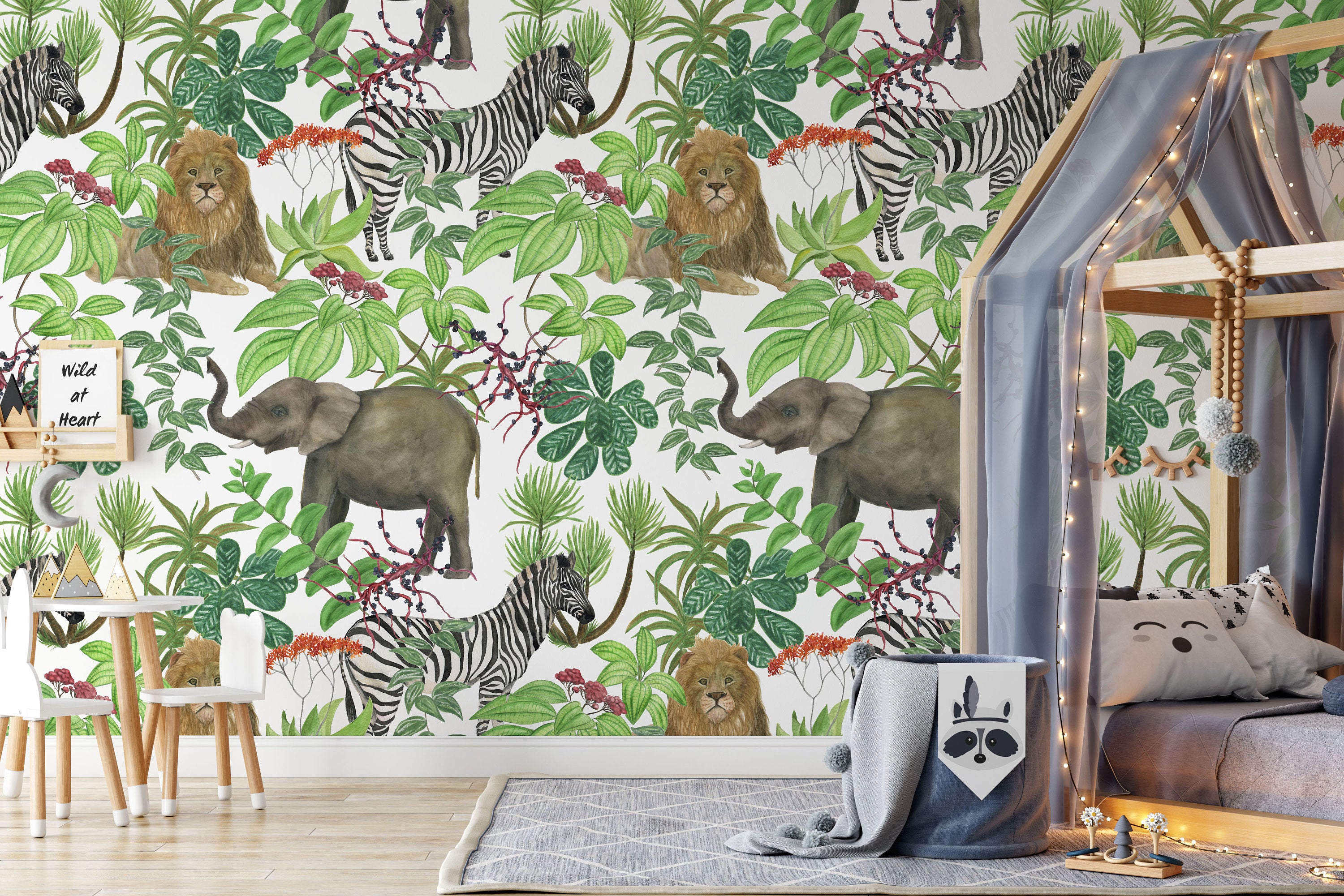 Tropical Flowers African Animals Zebra Elephant Lion Wallpaper Self Adhesive Peel and Stick Wall Sticker House Design Removable