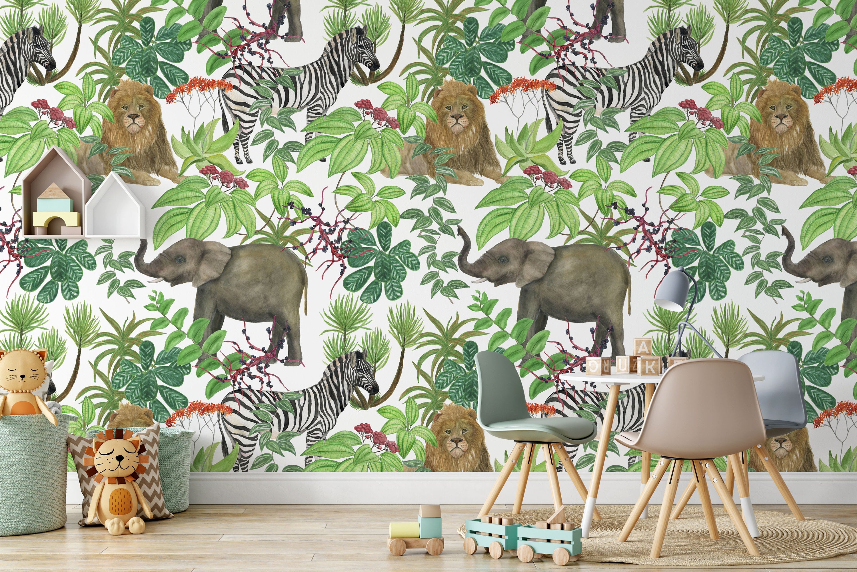 Tropical Flowers African Animals Zebra Elephant Lion Wallpaper Self Adhesive Peel and Stick Wall Sticker House Design Removable