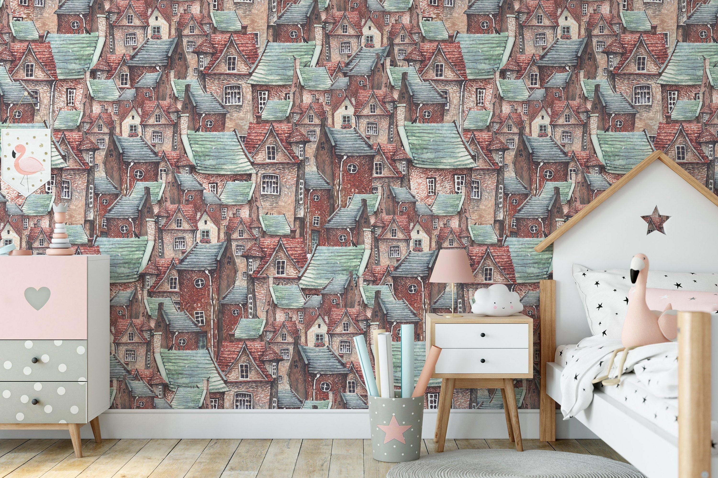 Old Town European Brick Houses and Roofs Background Wallpaper Bedroom Children Kids Room Mural Home Decor Wall Art Removable