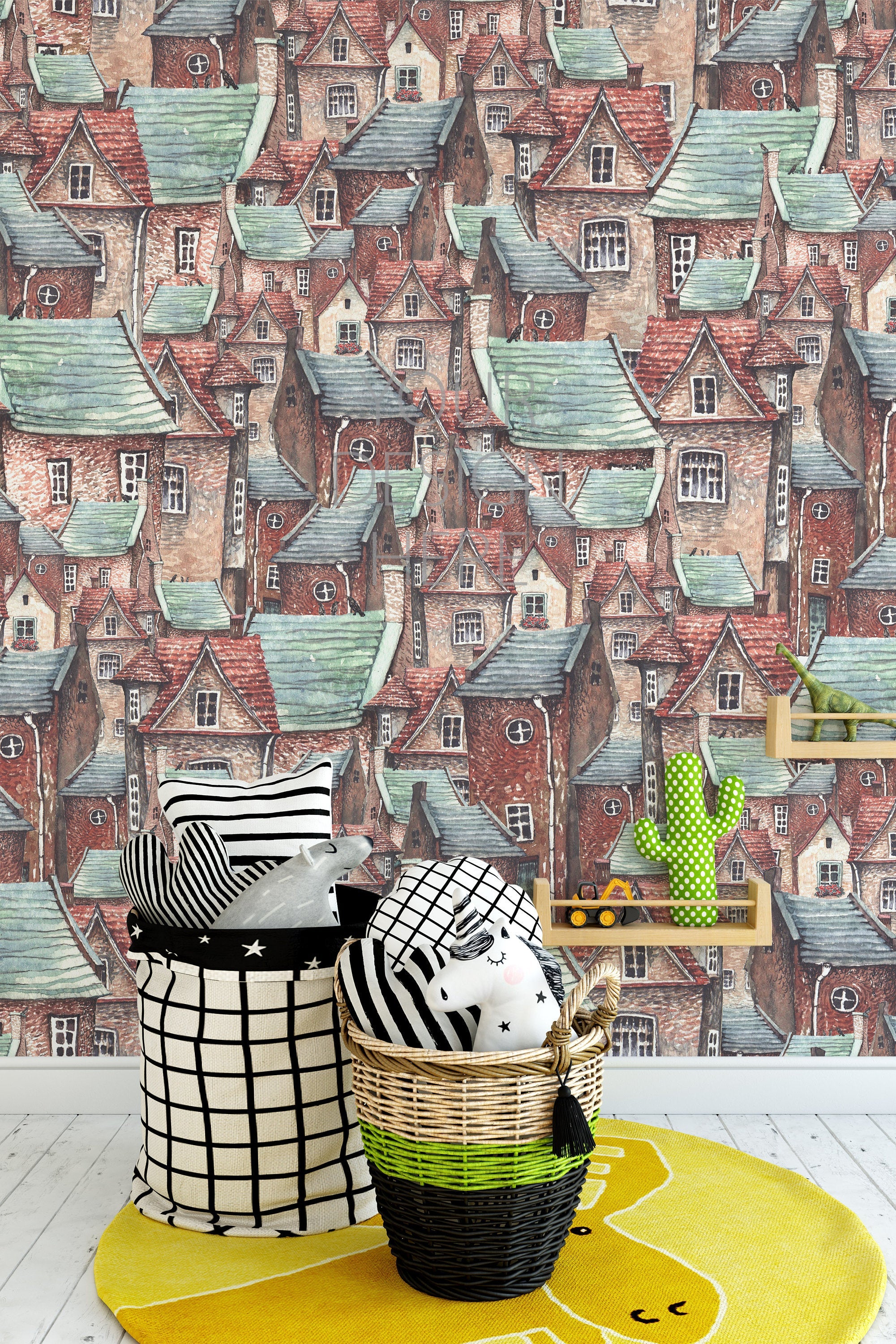 Old Town European Brick Houses and Roofs Background Wallpaper Bedroom Children Kids Room Mural Home Decor Wall Art Removable