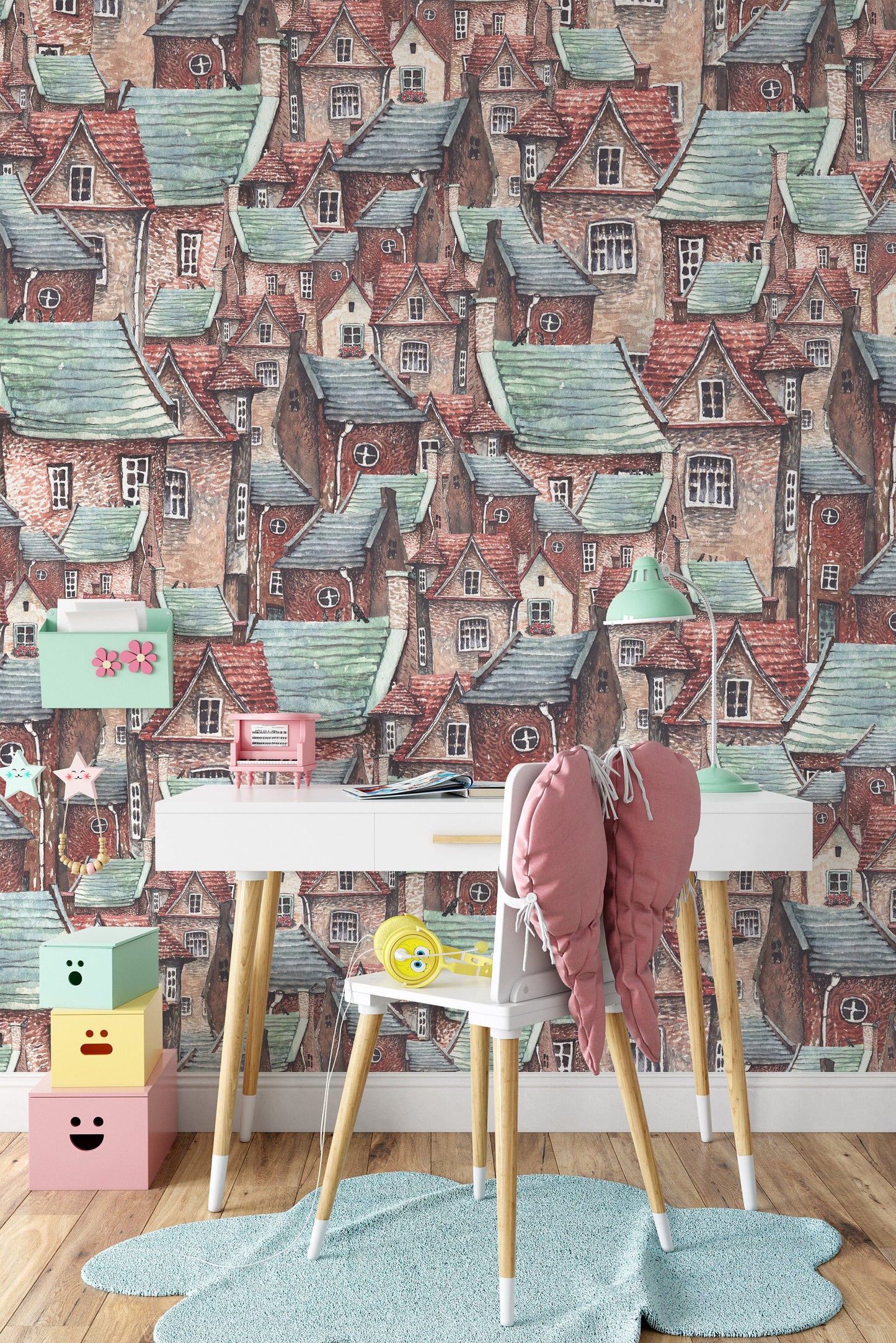 Old Town European Brick Houses and Roofs Background Wallpaper Bedroom Children Kids Room Mural Home Decor Wall Art Removable
