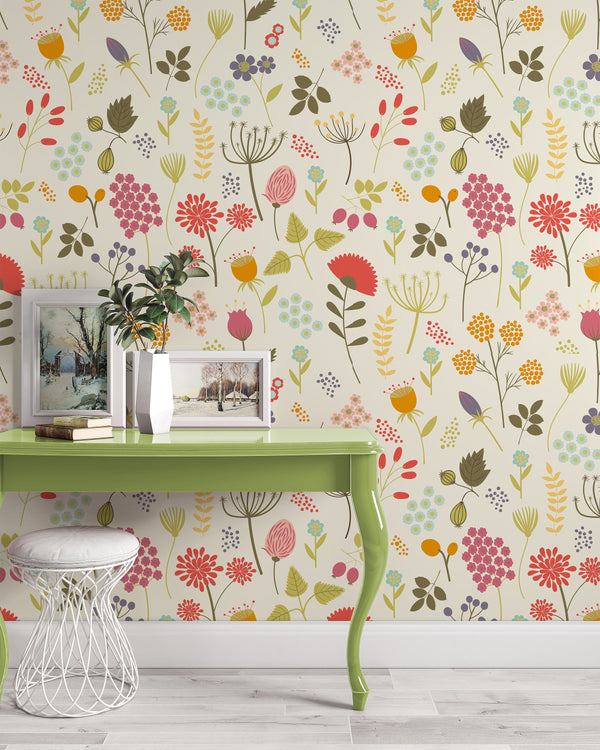 Flowers and Berries in Bright Colors Floral Modern Background Wallpaper Restaurant Living Room Cafe Office Bedroom Mural Home Wall Art