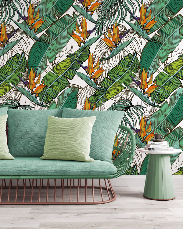 Banana Palm Leaves Tropical Flowers Vivid Colors Background Wallpaper Restaurant Living Room Cafe Office Bedroom Mural Home Wall Art