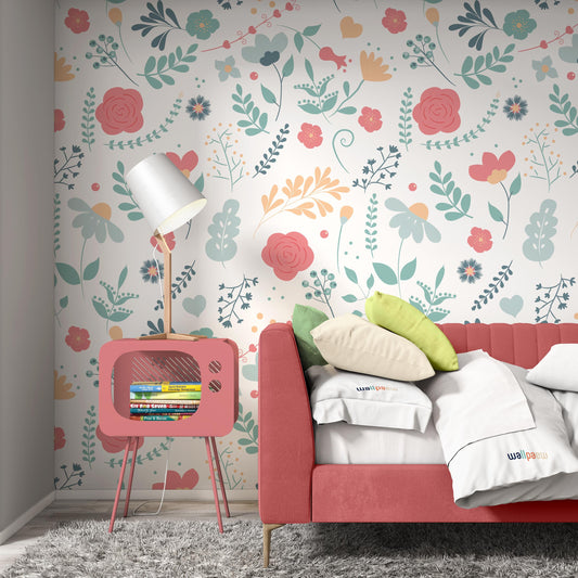 Cute Floral Flower Pattern on White Background Wallpaper Restaurant Living Room Cafe Office Bedroom Mural Home Wall Art