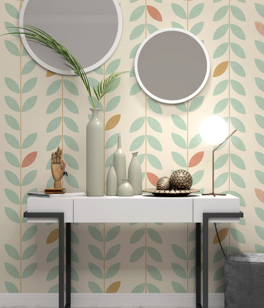 Leaves Simple Vertical Pattern Background in Retro Scandinavian Style Wallpaper Animal Children Kids Room Nursery Mural Home Decor Wall Art