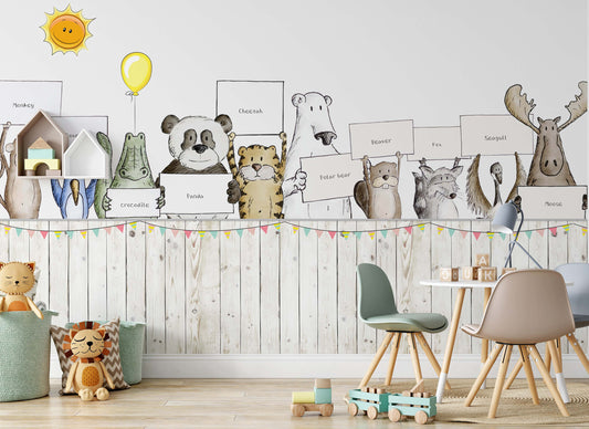 Cute Baby Animals Monkey Beaver Polar Bear Seagull Moose Panda Wallpaper Self Adhesive Peel and Stick Home House Wall Decoration Removable