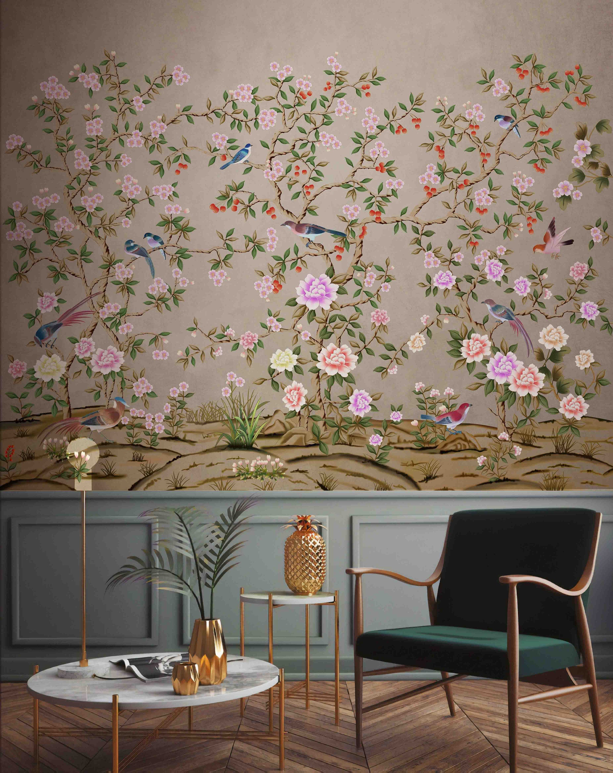 Blue Birds Purple and Pink Garden Flowers Floral Luxury Wallpaper Restaurant Living Room Cafe Office Bedroom Mural Home Wall Art Removable