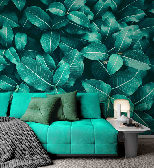 Blue Green Tone Leaves Modern Design Background Wallpaper Restaurant Living Room Cafe Office Bedroom Mural Home Wall Art Removable