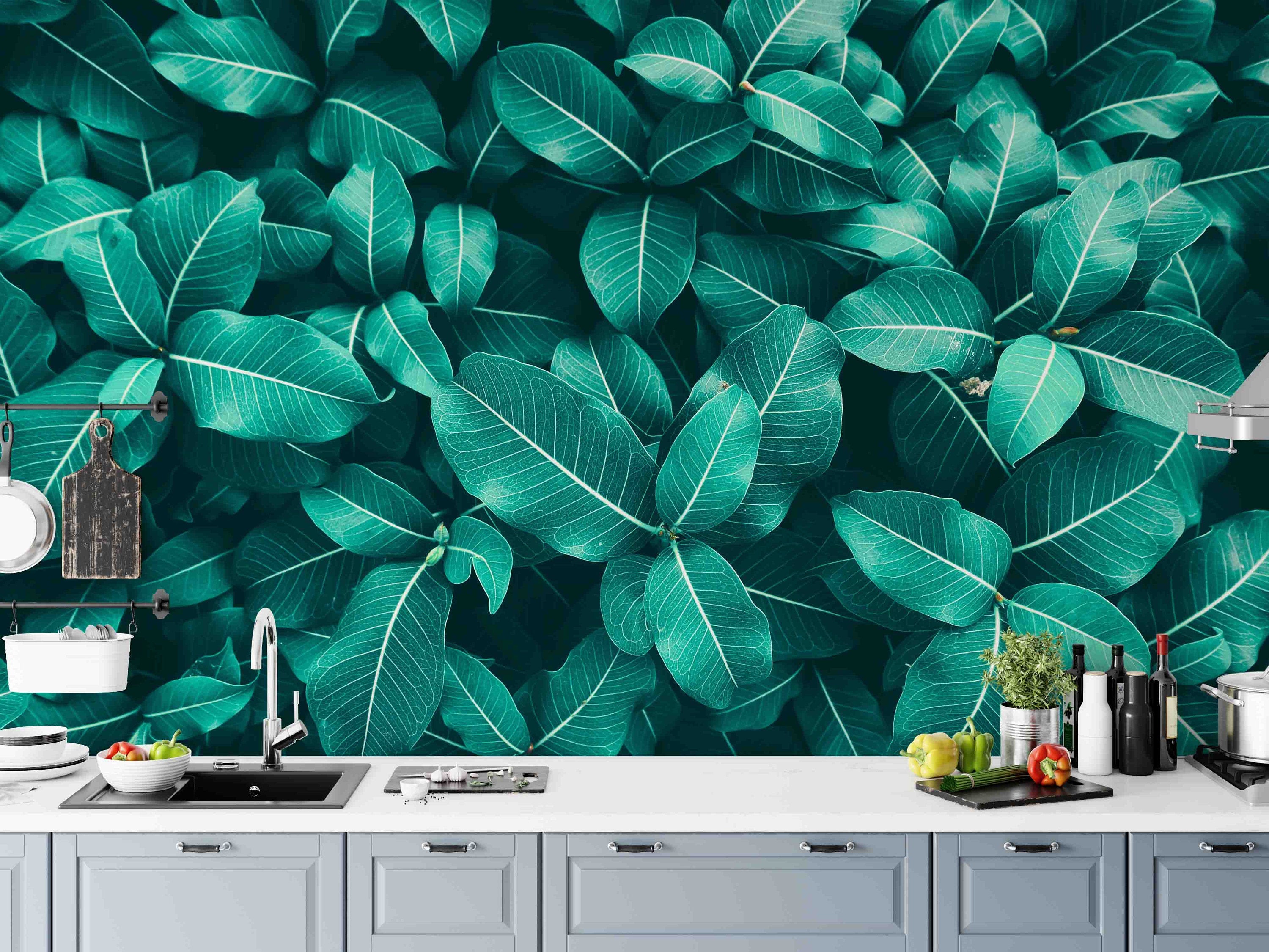 Blue Green Tone Leaves Modern Design Background Wallpaper Restaurant Living Room Cafe Office Bedroom Mural Home Wall Art Removable