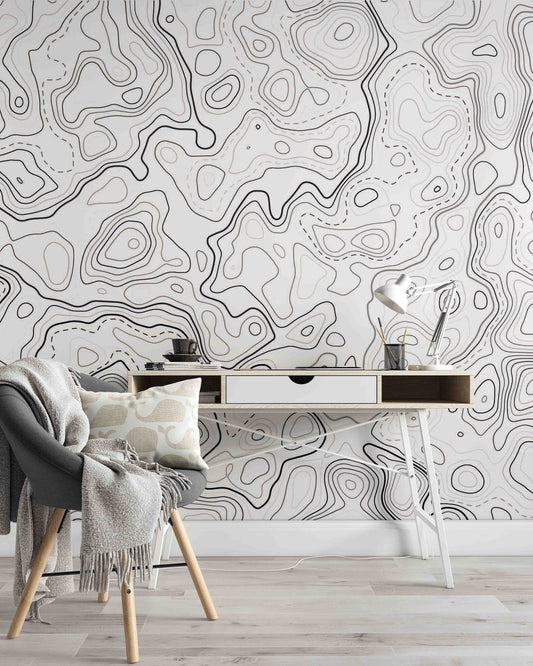 Topographic Topo Map Black White Background Wallpaper Bedroom Beauty Centre Living Room Cafe Office Mural Home Decor Wall Art