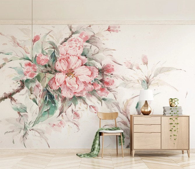 Watercolor Pink Rose Flowers Classic Floral Background Wallpaper Self Adhesive Peel and Stick Wall Sticker Wall Decoration Design Removable