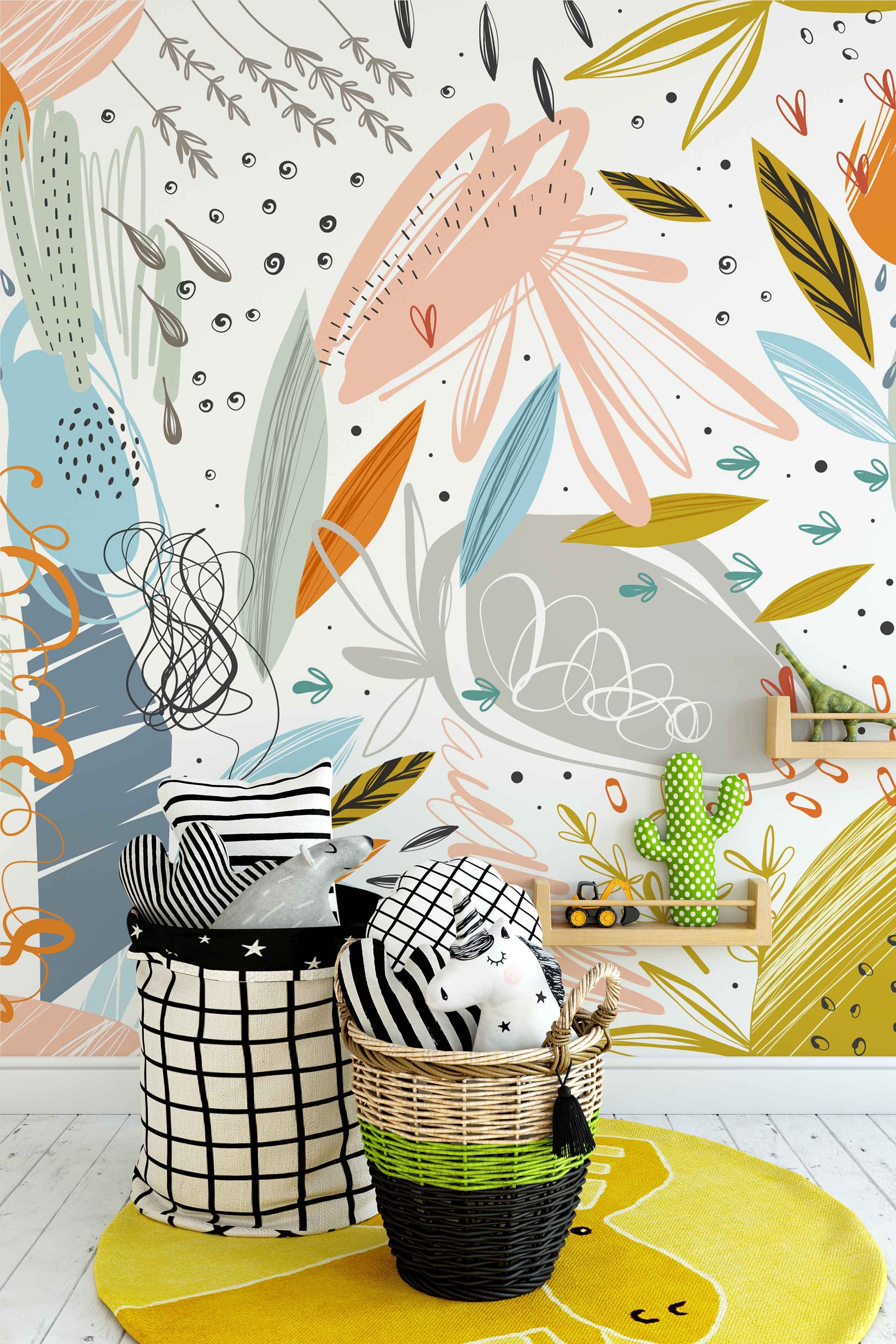 Cute Fun Design Floral Background Wallpaper Self Adhesive Peel and Stick Wall Sticker Wall Decoration Minimalistic Scandinavian Removable