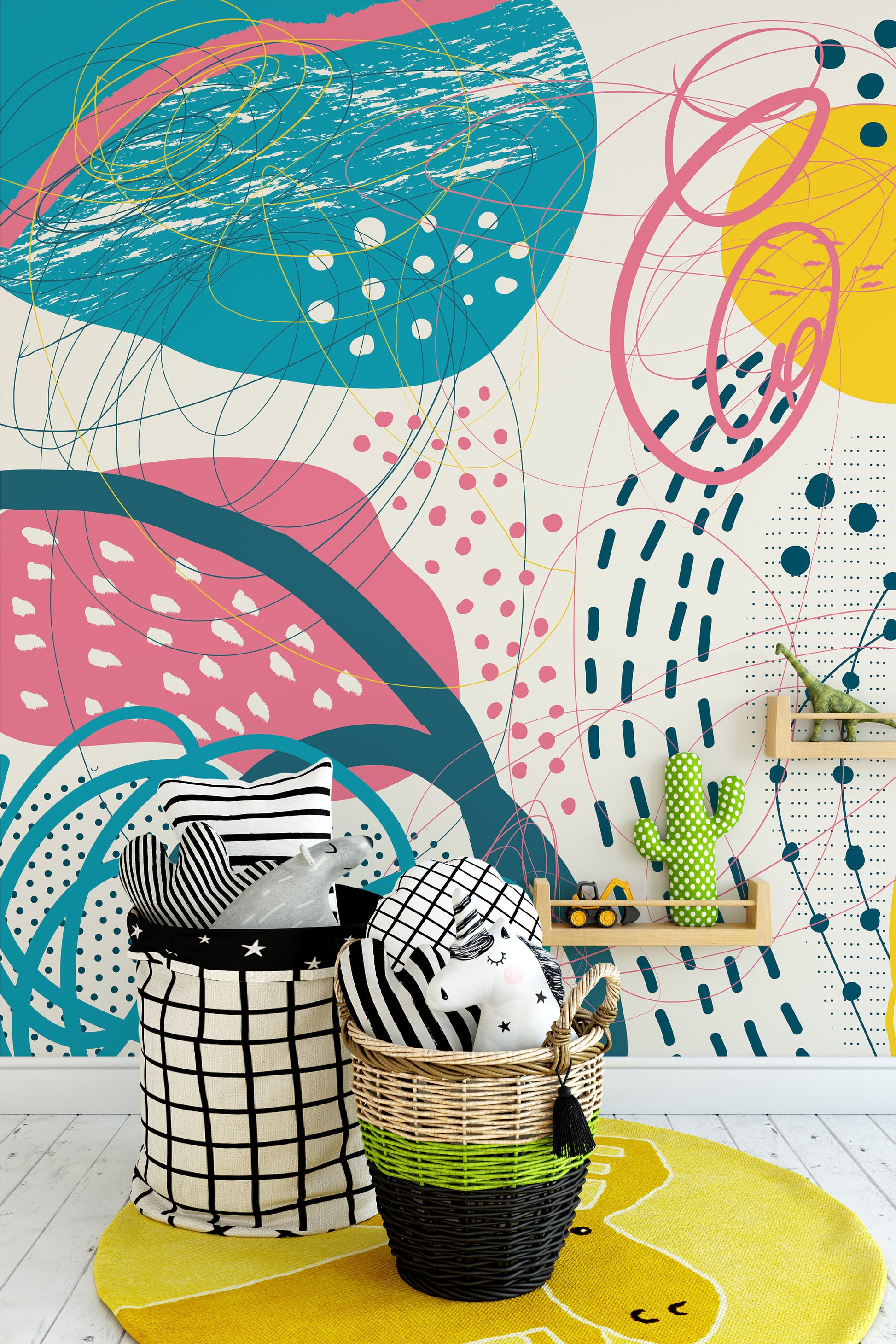 Creative Doodle Art Header with Different Shapes Wallpaper Self Adhesive Peel and Stick Wall Sticker Wall Decoration Scandinavian Removable